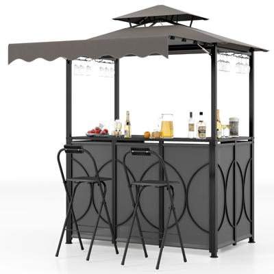Tuinbarset Weerbestendige Grillpaviljoen met Bar & 2 Barkrukken Tuinpaviljoen met Dubbele Dak & Zonnescherm Grijs