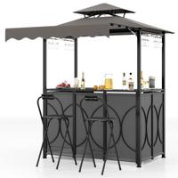 Tuinbarset Weerbestendige Grillpaviljoen met Bar & 2 Barkrukken Tuinpaviljoen met Dubbele Dak & Zonnescherm Grijs