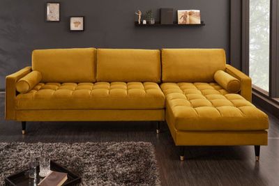 Elegante hoekbank COSY VELVET 260cm mosterdgeel fluwelen veerkern 3-zitsbank - 40277