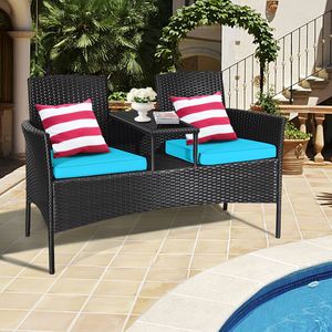 Patio Loveseat met Tafel van Gehard Glas PE Rotan Meubelset Moderne Outdoor Gespreksbank voor Tuin 138 x 62 x 85 cm