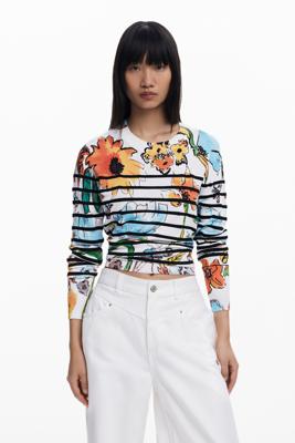 Gestreepte bloemen trui - WHITE - L