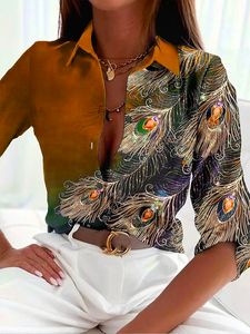 Casual Shirt Collar Feather Pattern Blouse