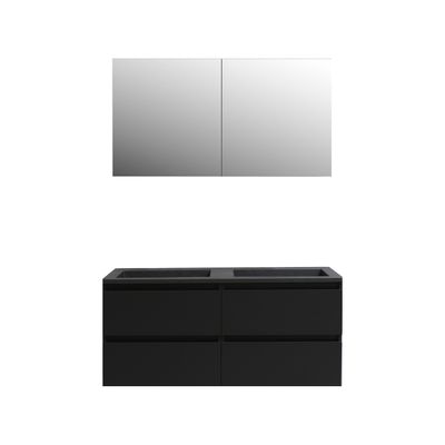 Badkamermeubel BWS Pepper Wastafel Acryl Mat Zwart Incl Spiegelkast 2 Deurs Met 2 Krgtn 120x55x46 cm Mat Zwart