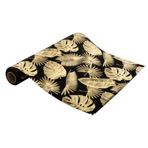 Decoratie stof/tafelloper - zwart/goud - bladeren -500 x 28 cm - polyester