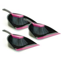 Sorbo Stoffer en blik zwart/roze - 3x - kunststof kamerveger/handveger met blik