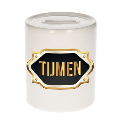 Naam cadeau spaarpot Tijmen met gouden embleem
