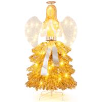 157 cm Verlichte Kunstkerstboom in de Vorm van een Engel Kerstdecoratie met LED Gouden Bladeren Haringen Metalen Voet Strik
