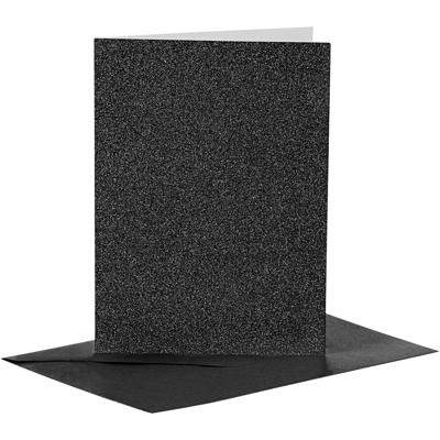 Creativ Company Kaarten en enveloppen, afmeting kaart 10,5x15 cm, afmeting envelop 11,5x16,5 cm, glitter, 110+250 gr, zwart, 4 set/ 1 doos