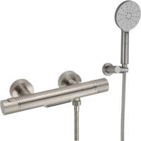 Ben Engraved Line thermostatische badkraan met 3 straalsoorten handdouche en watervaluitloop RVS-look