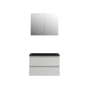 Badkamermeubel BWS Pepper Wastafel Acryl Mat Zwart Incl Spiegelkast 2 Deurs Met Kraangat 80x55x46 cm Wit