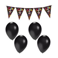 Halloween/horror thema vlaggenlijn - Day of the Dead - 300 cm - incl. 10x ballonnen zwart