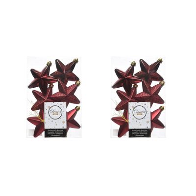 12x Donkerrode sterren kerstballen 7 cm kunststof glans/mat/glitt