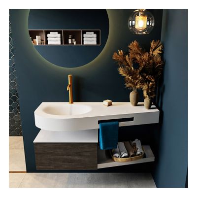 Mondiaz Riva 120cm badmeubel onderkast planchet donker bruin met 1 lade wastafel links 1 kraangat kleur talc
