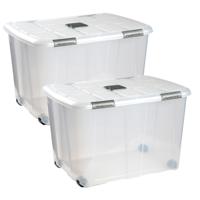 Plasticforte Opslagbak/box met deksel - 2x - 100L - 80 x 60 x 33 cm - transparant - met wielen