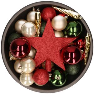 Set van 33x stuks kunststof kerstballen met ster piek rood/groen/champagne mix   -