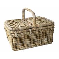 Picknickmand met hengsel - bruin - 50 x 35 x 25 cm - rotan - gevlochten riet - hengselmand