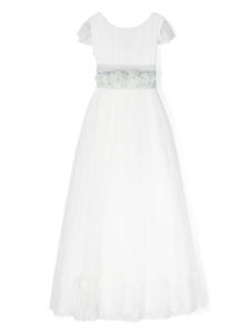 AMAYA robe longue en tulle à fleurs appliquées - Blanc