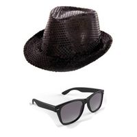Carnaval verkleed set glitter hoed en party bril zwart - Verkleedhoofddeksels