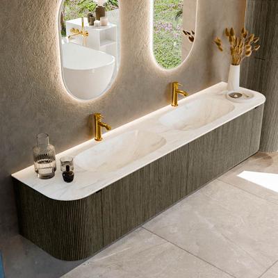 Badmeubel Mondiaz Kurve-Dlux | 200 cm cm | Meubelkleur Shadow | Wastafelkleur Ostra | Solid surface | Wasbak beiden zijden spoelbak | 2 kraangaten
