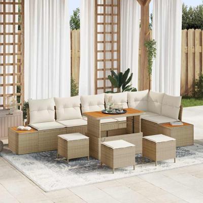 10-delige Tuinbankenset met kussens poly rattan acacia beige