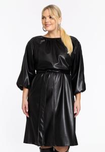 Yoek Jurk met pofmouwen LEATHER | Zwart | Maat 58/60