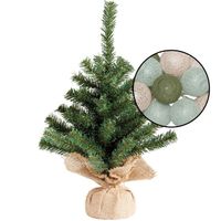 Mini kunst kerstboom groen met verlichting - in jute zak - H45 cm - kleur mix groen - Kunstkerstboom