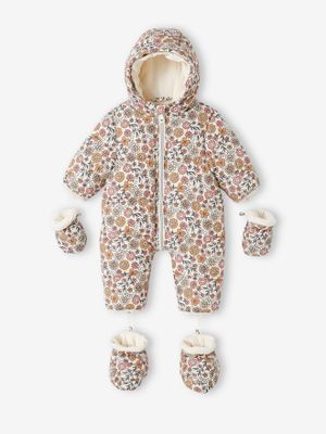 Combipakje met bloemen voor baby met fleece voering lichtbeige met print