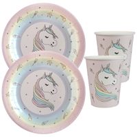 Eenhoorn thema feest wegwerp servies set - 10x bordjes / 10x bekers - roze