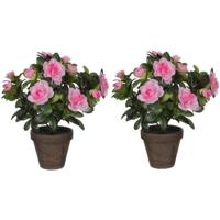 Mica Decorations Kunstplant - 2x - Azalea - groen/lichtroze - 27 cm - Met mooie bloemen