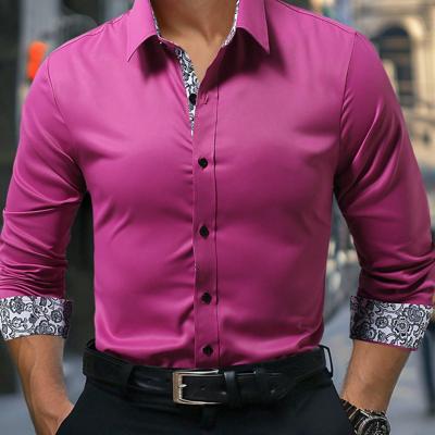 Bon&Bon Men's Floral Patchwork Long Sleeve Shirt | White Casual Work Hot Pink / XL