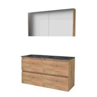 Basic-Line Comfort 46 Badkamermeubelset - 120 x 46 cm - Greeploos - 4 Lades - Hardstenen Wastafel - Zonder Kraangat - Spiegelkast - Whisky Oak