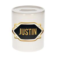 Spaarpot met voornaam Justin - wit - goud/zwart embleem - 8 x 9 cm - keramiek - afsluitdop