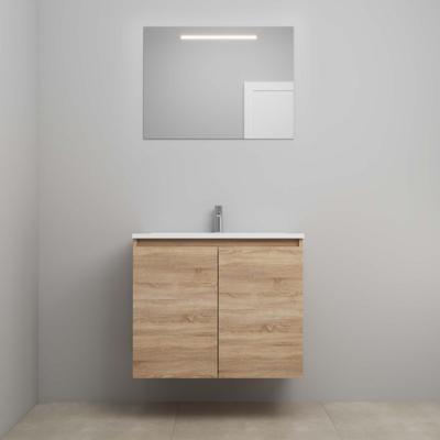 On-Line Badkamermeubelset - 80 cm - Bouwpakket - Greeploos 2 Deuren - Acryl Wastafel - 1 Kraangat - Spiegel met LED-Verlichting - Eiken