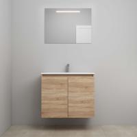 On-Line Badkamermeubelset - 80 cm - Bouwpakket - Greeploos 2 Deuren - Acryl Wastafel - 1 Kraangat - Spiegel met LED-Verlichting - Eiken