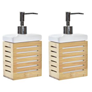 2x stuks zeeppompje/dispenser bamboe hout/wit 300 ml - 10 x 19 cm