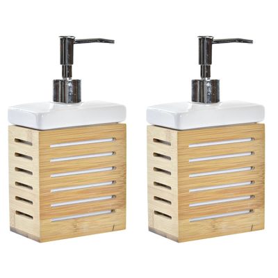 2x stuks zeeppompje/dispenser bamboe hout/wit 300 ml - 10 x 19 cm 2x stuks zeeppompje/dispenser bamboe hout/wit 300 ml - 10 x 19 cm