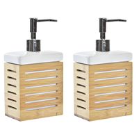 2x stuks zeeppompje/dispenser bamboe hout/wit 300 ml - 10 x 19 cm