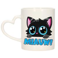 Cadeau koffie/thee mok - poes/kat - Miauw - blauw - hartjes oor - keramiek - poesje