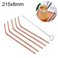 5 stuks herbruikbare RVS gebogen drinken stro + Cleaner borstel set Kit 215 * 8mm (Rose goud)
