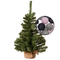 Mini kunst kerstboom groen - met lichtsnoer bollen mix grijs/lichtroze - H60 cm - thumbnail