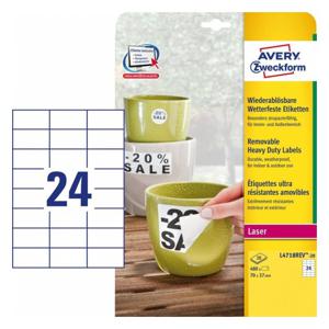 Avery-Zweckform L4718REV-20 Folie-etiketten 70 x 37 mm Polyester folie Wit 480 stuk(s) Weer verwijderbaar Laser (kleur), Laser (zwart/wit), Kopiëren (kleur),