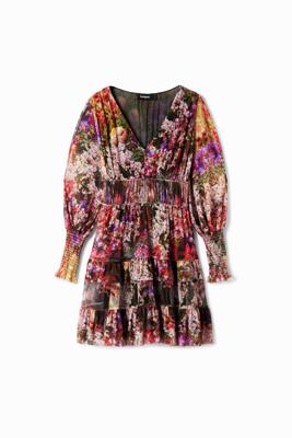 Korte jurk met lange pofmouwen en bloemenprint. - MATERIAL FINISHES - XL