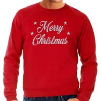 Kersttrui voor heren - Merry Christmas - rood - met zilveren glitter letters - kerstdiner kleding