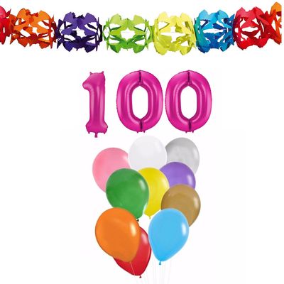 Verjaardag versiering pakket 100 jaar - opblaascijfer/slinger/ballonnen