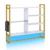 Zwevende Planken voor Games van 107 cm met Ledverlichting Afstandsbediening en App Industriële Wandplank met 6 Niveaus 8 Haken en Zijvak Wit