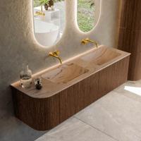 Badmeubel Mondiaz Kurve-Dlux | 155 cm | Meubelkleur Walnut | Wastafelkleur Arena | Solid surface | Dubbel / Rechts spoelbak | Zonder kraangat(en)