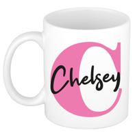 Naam mok Chelsey - roze - wit - keramiek - 300 ml - verjaardag/cadeau beker