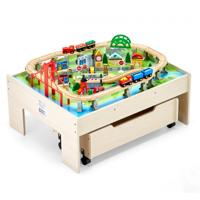 VEVOR Houten Activiteitentafel, 100-delige Treintafel met Rollade, 3-in-1 Houten Treinset om mee te Spelen, Schilderen, Lezen, Eten, Creatieve Speelgoedset voor Kinderen vanaf 3 Jaar