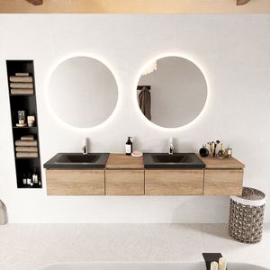 MONDIAZ BUKLA 200cm badmeubel met module 40 links kleur Washed Oak met 4 lades. Wastafel CLOUD dubbel 2 kraangaten kleur Urban.