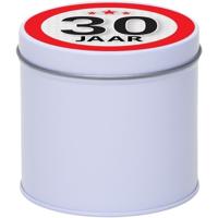 Cadeau koek of snoep blik - met 30 jaar opdruk sticker - 10 x 10 cm - Cadeauverpakking verjaardag